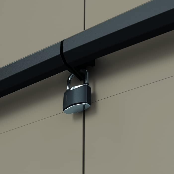 Close-up of the locking mechanism with a padlock on Keter cabinet