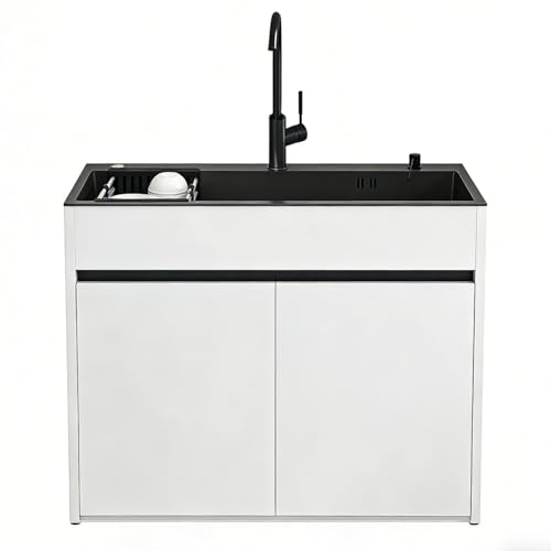 Meuble Évier avec Vasque en Acier Inoxydable Noir pour Buanderie et Garage, armoire de rangement en aluminium alvéolaire avec robinet, distributeur de savon...
