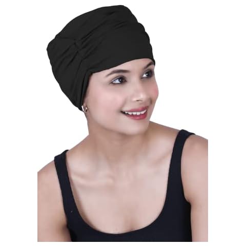 SAKUCHI Chemo Bamboo Side Pleated Sleep Cap Women Headwear for Cancer Patients Hair Loss Black Cover