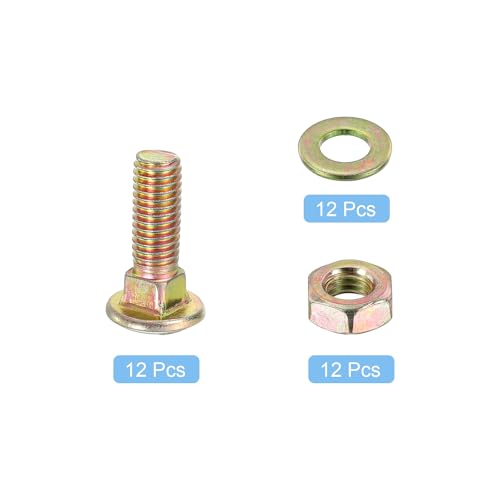 Image of uxcell M8 x 20mm Carriage Bolt Kit, 12 Set Round Head Square Neck Screws, Carriage Bolts Screws Set Includes Washers and Nuts - Carbon Steel Zinc Plated for Fastening Accessories
