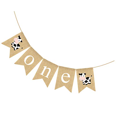 ABOOFAN First Birthday Banner one Linen Banner Cow Print Swallowtail Banner for Shower High Chair Decoration Wall Decor