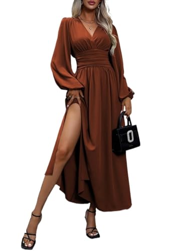 Women's 2025 Spring Fall Dress Lantern Sleeve Ruched Slit Dress