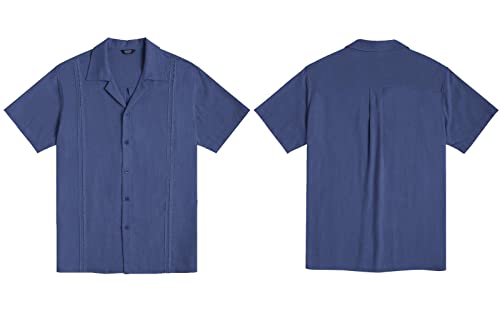 Coofandy Mens Short Sleeve Linen Shirt Hawaiian Mexican Casual Button Down Shirt A - Navy Blue #TOP2