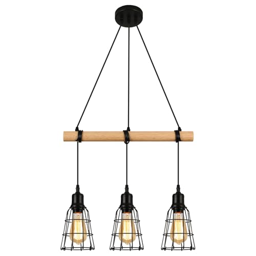 FORCOSO Pendelleuchte Holz 3 Flammig - Hängelampe Holz mit Schwarz Gitter Schirm, E27 Vintage Hängeleuchte Pendelleuchte Esstisch für Wohnzimmer Schlafzimmer Esszimmer Küche - Ohne Glühbirne