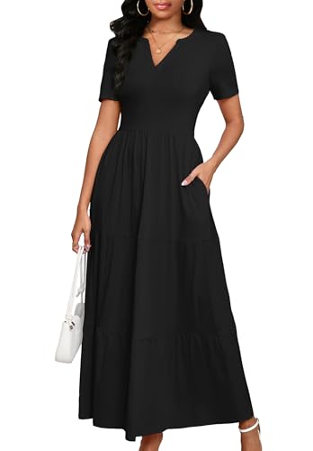 Image of MarryUP Women 2025 Casual Loose Maxi Dress with Pockets V Neck Short Sleeve Tiered Long Summer Beach Swing Dresses