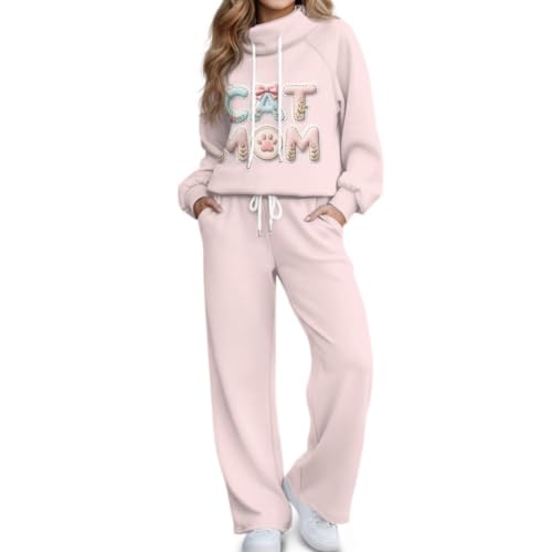 Fkwergsy Cat Mom Women's Casual Sweatsuit Pink Oversized Hoodie with Pocket