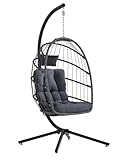 SWITTE Egg Chair Outdoor with Stand, Indoor Wicker Hanging Egg Swing Chair with Cushion, 350lbs Capacity for Patio, Bedroom, Garden - Ash Gray
