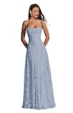 JAEDEN Damen Floral Spaghettiträger Abendkleider Lang Formelle Brautjungfernkleider A Linie Ballkleider Rückenfrei Staubiges Blau 36