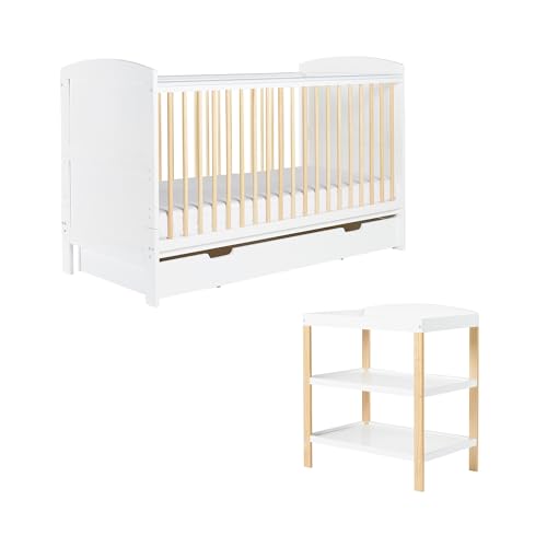 Ickle Bubba Coleby Classic 2-Piece Nursery Furniture Set (Scandi White) – Convertible Cot Bed (140x70cm) & Open Changer (Includes Fibre Mattress)