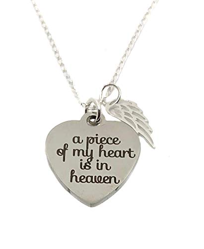 Memorial Necklace, A Piece of My Heart Is in Heaven Charm, Angel Wing Pendant Necklace 18", Sympathy Jewelry Gift