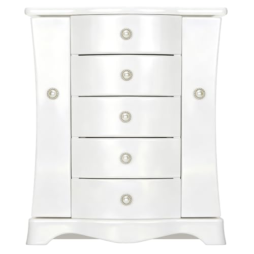 RR ROUND RICH DESIGN Solid Wood Jewelry Box - Large Organizer with 4 Drawers, Built-in Necklace Carousel & Large Mirror, White