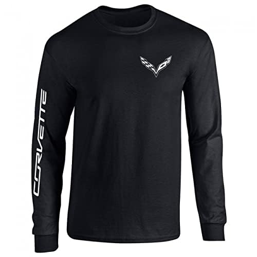 Corvette Long Sleeve T-Shirt - C7 Logo with Corvette Script on Sleeve (X-Large, Black)