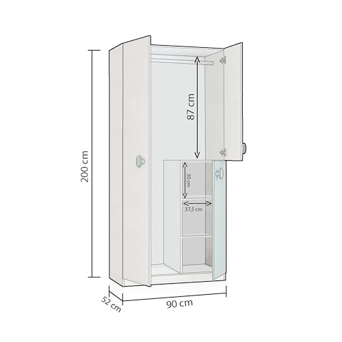 duehome | Armario Juvenil, Modelo Yuki, Acabado en Color Blanco Alpes y Verde Acqua, Medidas: 90 cm (Largo) x 200 cm (Alto) x 52 cm (Fondo) - imagen 2