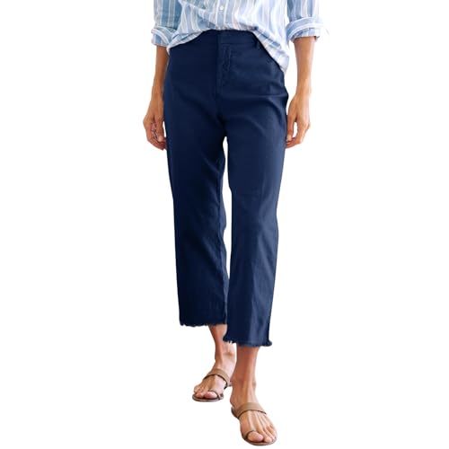 Cropped Linen Pants Women Straight Leg Pull On Work Pants Business Casual High Waisted Dress Pants Office Ankle Pants