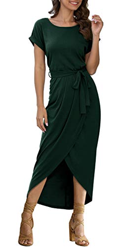 GRECERELLE Women's High Low Irregular Hem Slit Front Casual Fit Maxi Dress with Belt Dark Green-L - Image 4