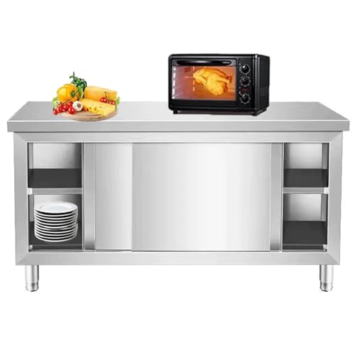Mesa de cocina de acero inoxidable grueso con puertas correderas, armario de almacenamiento grande, mesa de corte y embalaje de metal resistente, encimera multifuncional (100 x 50 x 80 cm)