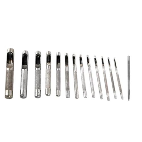 Helilyco Set di 14 punzoni per cuoio, 1C10 mm, perforatrici per pelle, guarnizioni, plastica e vinile indurito in acciaio 45#, bordi di taglio a terra