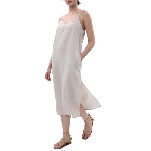 Image of Amazhiyu Women's Pure Linen Summer Midi Split Slip Dress | V Neck, Spaghetti Strap, with Pockets
