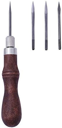 4PCS Leather Craft Sewing Awl DIY Wood Handle Leather Stitching Awl Hand Stitching Awl Tools Canvas Leather Craft Sewing