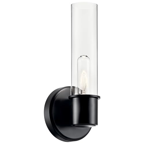 Image of Kichler Aviv 1-Light Wall Sconce, Modern Light with Clear Glass in Black, for Bedroom, Laundry Room, Kitchen or Hallway (13 inch x 5.5 inch), 52653BK