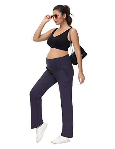 Hofish Women Maternity Pants Plus Size Wideleg Pregnancy Pants Comfy Maternity Sweatpants Stretchy Casual Loose Maternity Work Pants With Pockets, Blue,M #TOP5