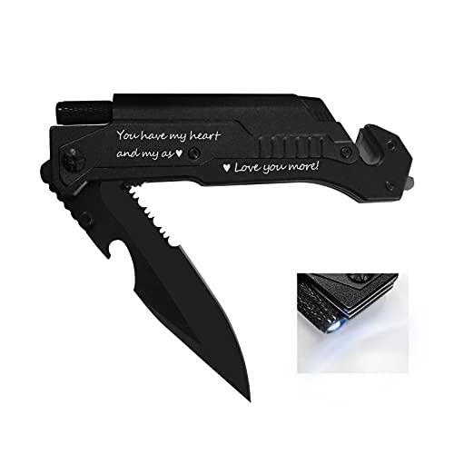 Gifts For Him Boyfriend, Custom meaningful Personalized Gifts For Men Iron Husband, Folding Engraved Pocket Knife With 6 Functions Led Light,Opener,Fire Starter,Glass Breaker,Seatbelt Belt Cutter
