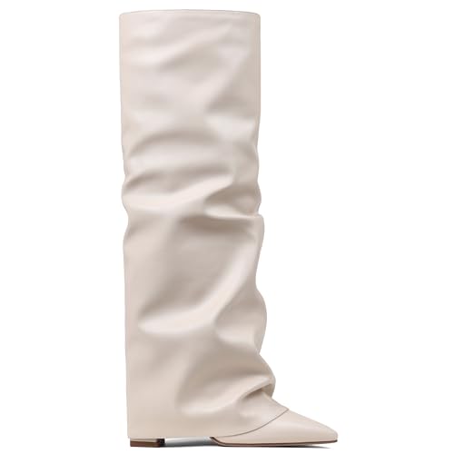 Image of SaraIris Women's Slouchy Knee High Boots - Black, Pointed Toe, Fold Over, Chunky, Shark Boots