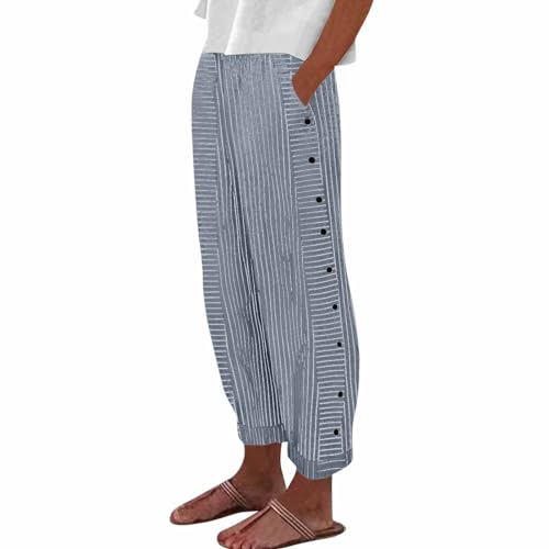 Women Striped Linen Pants Casual High Waisted Wide Leg Cropped Pants Summer Beach Gauze Capri Pant with Pockets