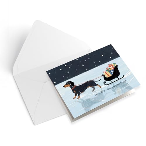 Witzige Dackel Weihnachtskarte – originelle Klappkarte Frohe Weihnachten & guten Rutsch, Hund mit Schlitten, inkl. Umschlag & weißem Einleger