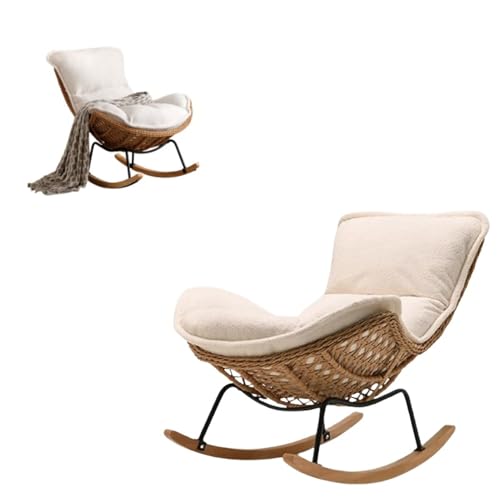 TJKK Fauteuil à bascule, tissage en rotin fait main, pour salon/chambre à coucher, facile à assembler (blanc, 99,1 x 53,3 x 94 cm)