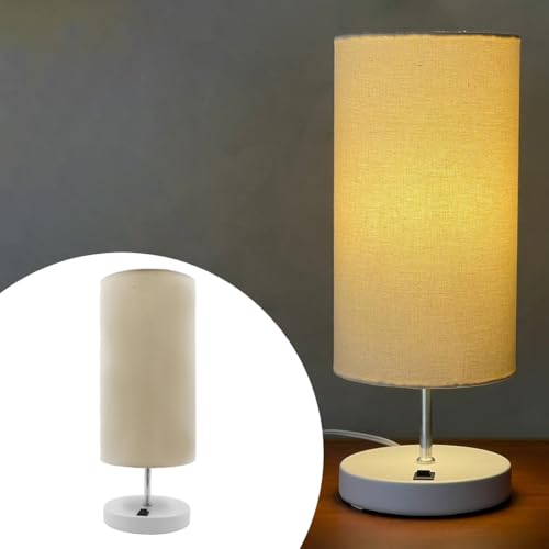 Luminária de Mesa Abajur Base Redonda Alumínio Com Cúpula de Tecido Algodão (Branco Cúpula Bege)