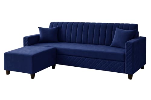Image of 3 Seater Velvet Sofa with Ottoman | Modern Upholstered Couch | Quilted Design | Soft Comfortable Seating | Sturdy Wooden Frame | Living Room, Office - Blue