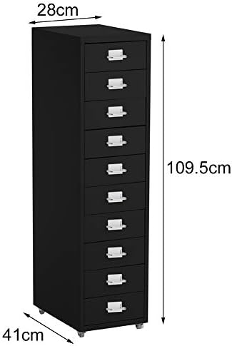 BTGGG Heavy Duty Filing Cabinet with 10 Drawer, Metal Mobile Large Storage File Cupboard Cabinet Drawer for Office Study Home Furniture, 28 x 41 x 109.5 cm, Black