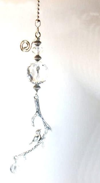 Trace Ellements Silvery Sweet Bird on a Tree Branch Clear Faceted Glass Ceiling Fan Pull Chain