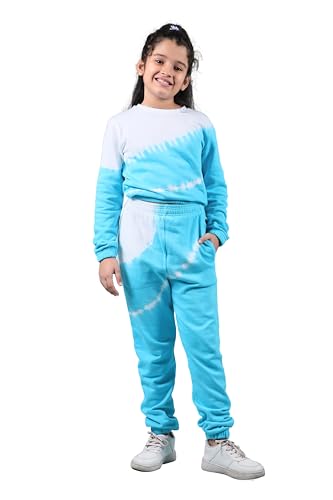 Image of Tweeny Mini Girls Kids Pure Cotton Terry Joggers Set | Tie Dye Co ord Set Winter Combo Outfit with Full Sleeves Sweatshirt and Pants | Relaxed and Comfortable Fittings
