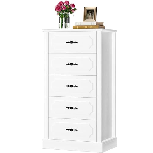 FINETONES 5 Drawer White Dresser, 43" Tall White Dresser Small Dresser Chest of Drawers, Dresser White 5 Drawer Dresser with Large Storage Space, Modern Storage Chest of Drawers, Super Stable Base