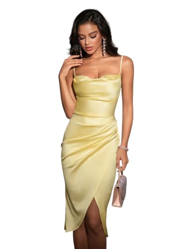 Image of KATECLO Women's Satin Midi Dress with Spaghetti Straps | Elegant Ruched Bodycon Cocktail Dress with Slit, Backless Evening Party Dress