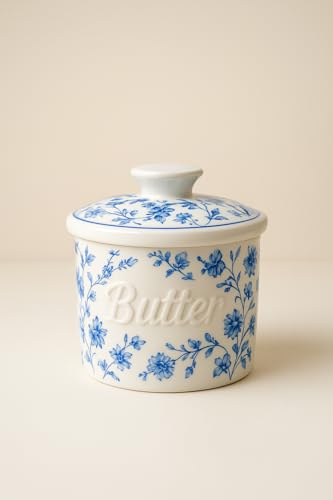 Image of Butter Crock with Water Line, Ceramic Butter French Keeper Dish with Lid for Fresh Spreadable Butter