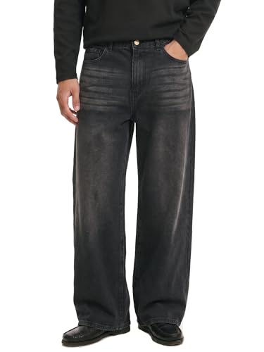 Comdecevis Men's Jeans Wide Leg Loose Fit Denim Baggy Pants Y2k Jeans for Streetwear Casual Black Washed 30(XS)