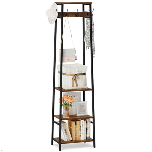 Cerlyunzan Coat Rack Freestanding, Coat Stand with 3 Shelves and 7 Hooks, Hall Tree Free Standing, Clothes Rack Stand Organizer, Industrial Style, Rustic Brown and Black