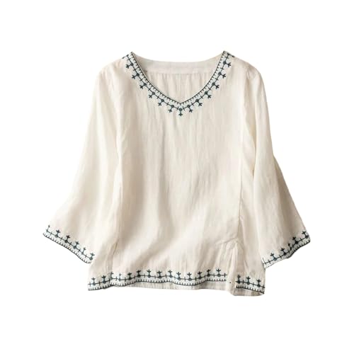 Camisa de algodón y lino para mujer, blusa bordada con cuello en V, manga larga, ligera, fluida, elegante, blusa bordada, estilo bohemio, vintage, elegante, para salir, blanco, XL