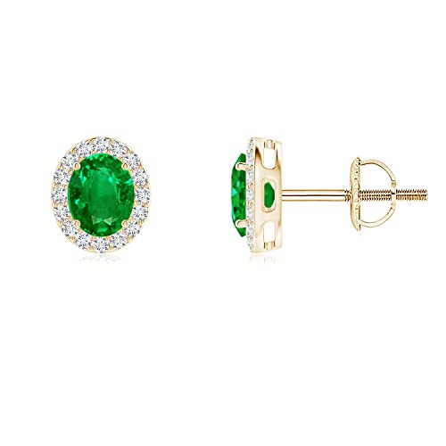 ANGARA Natural Emerald Earrings for Women | Prong-Set Oval Emerald Stud Earrings with Diamond Halo in 14K Solid Gold/Platinum | May Birthday, Anniversary, Gemstone Jewellery Gift