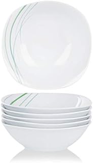 VEWEET 'Aviva' 6-Piece Dinner Set Porcelain Cereal Bowls 6.7" Ivory White Green Lines Round Bowls Set Cereal Breakfast Bowls 440ml for Nodle, Cereal, Soup, Rice, Pudding, Salad, Oatmeal