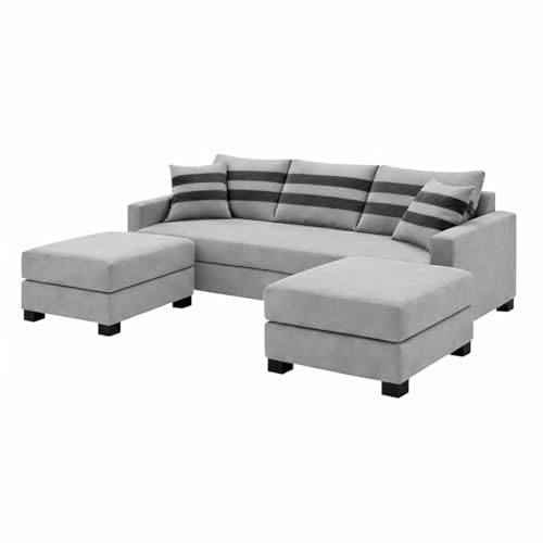 Image of Kassian Rich Velvet Suede 3 Seater Sofa Set with 2 Ottomans | Spacious Soft Touch Comfort Seating | Modern Sofa for Living Room - Light Gray