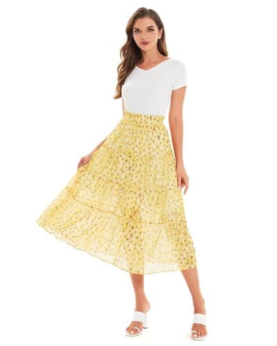 DIASHINY Women's Boho Printed High Waist Pleated Layered Elastic Waist A Line Long Skirt Yellow M3