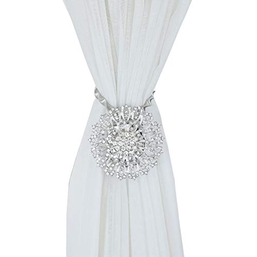 2Pcs Magnetic Curtain Tiebacks European Style Sparkling Flower Window Curtain Bind Holdback Buckles Clips Tie Backs Drapery Holders With Stretchable Spring Wire Rope For Decoration,Silvery #TOP6