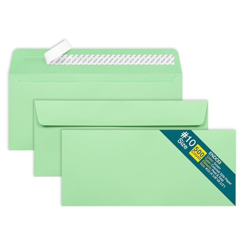 Sobres verdes #10 autosellantes, paquete de 500 sobres de colores, tamaño carta, 4 1/8 x 9 1/2 pulgadas, sobres de negocios para tarjetas, invitaciones, vacaciones, postales, regalos, papel de 32