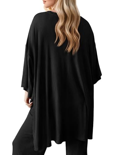 Maternity Pajamas Sets 2 Piece Lounge Outfits Long Sleeve Shirts and Long Pregnancy Loungewear with Pockets Black L - Image 6