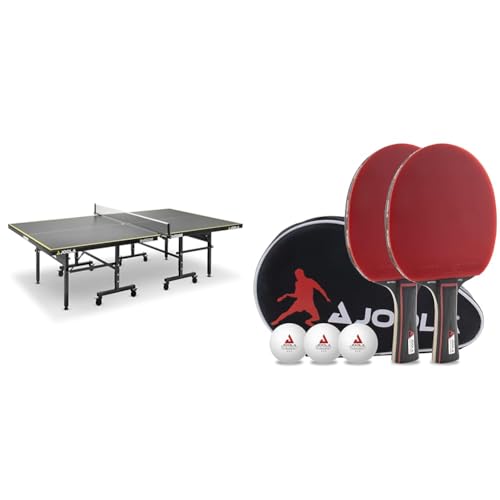 JOOLA Tischtennisplatte Inside J18 Tischtennistisch Indoor klappbares Untergestell & Tischtennis Set Duo PRO 2 Tischtennisschläger + 3 Tischtennisbälle + Tischtennishülle, rot/schwarz, 6-teilig