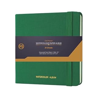 Watercolour Sketchbook Premium 300gsm /140lb 100% Cotton Paper 24 Sheets Off-White Cold-Pressed Sewn Binding 4.7" X 4.7" Album for Artists & Beginners Wet Media and Mixed Techniques-Linen Fabric Green